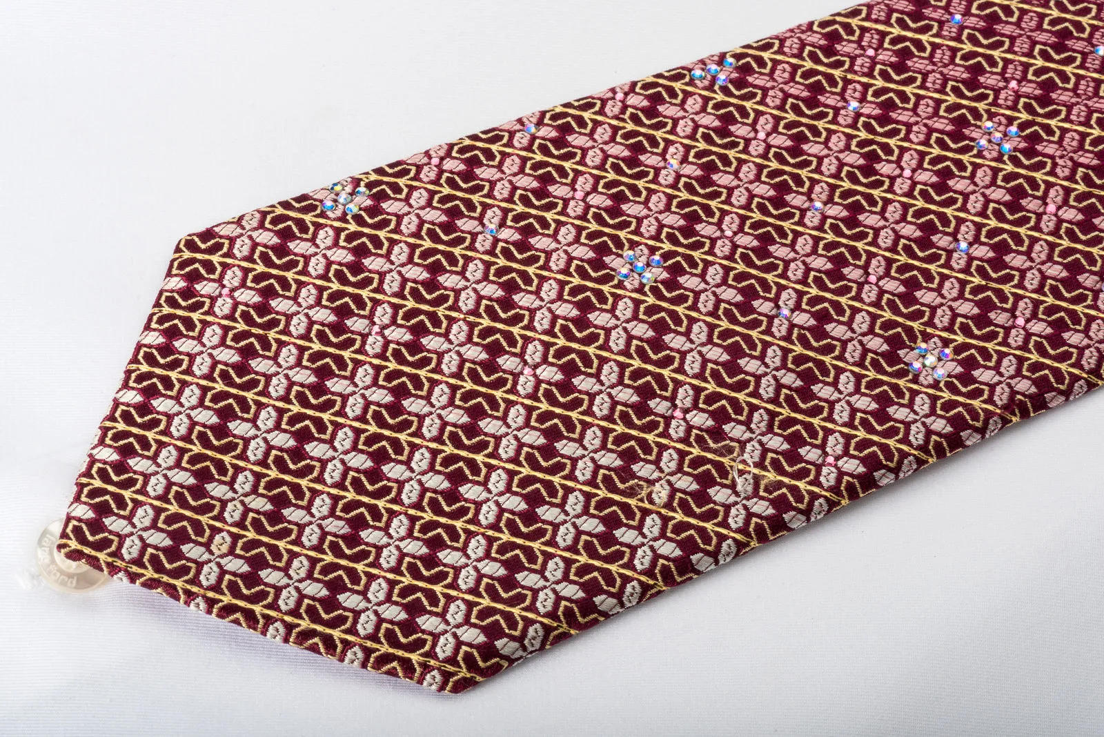 Rhinestone Silk Necktie Gold Stripes & Crosses On Burgundy With Gold Sparkles