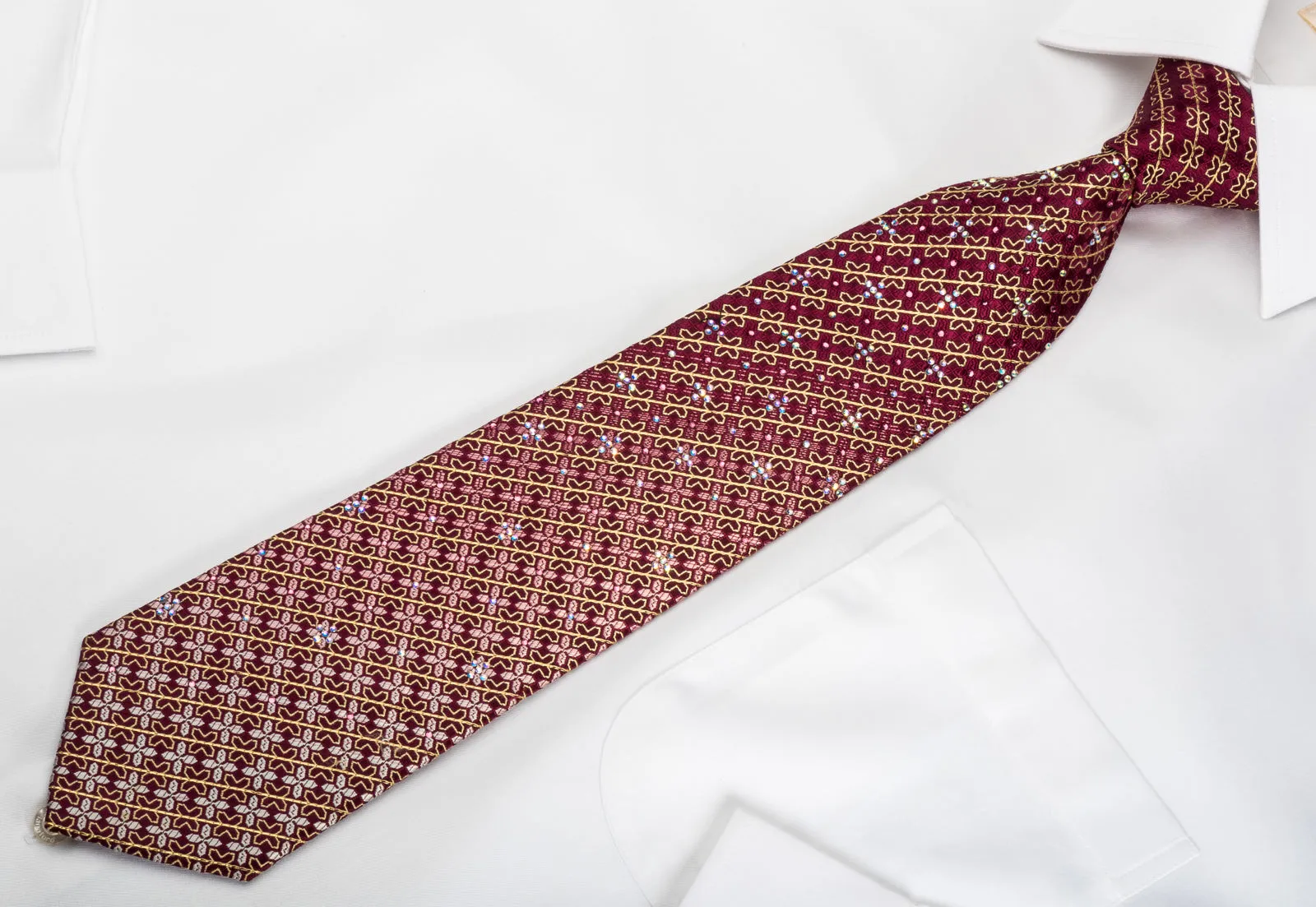 Rhinestone Silk Necktie Gold Stripes & Crosses On Burgundy With Gold Sparkles