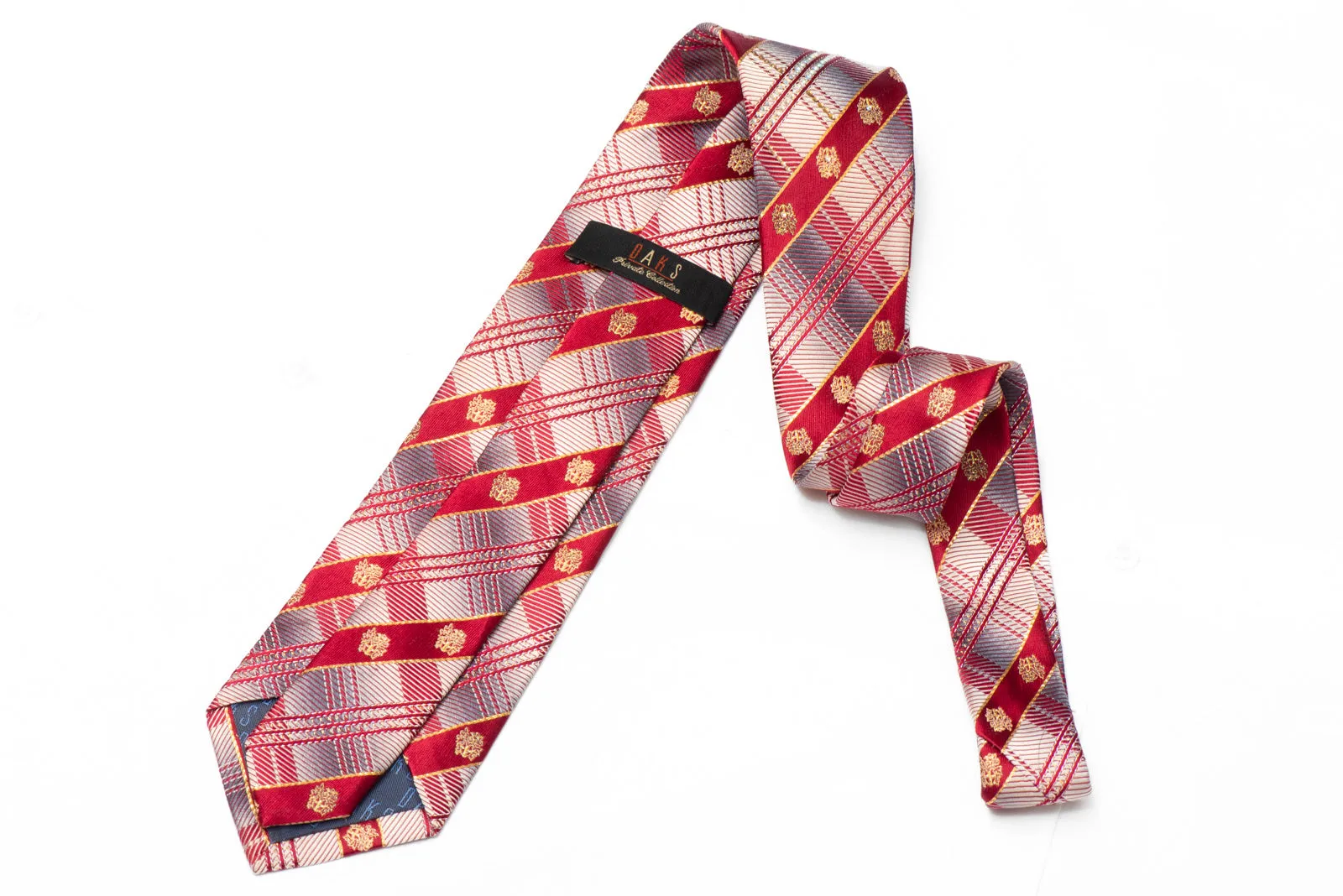 Silver Red Plaid Design Rhinestone Silk Necktie With Gold Sparkles