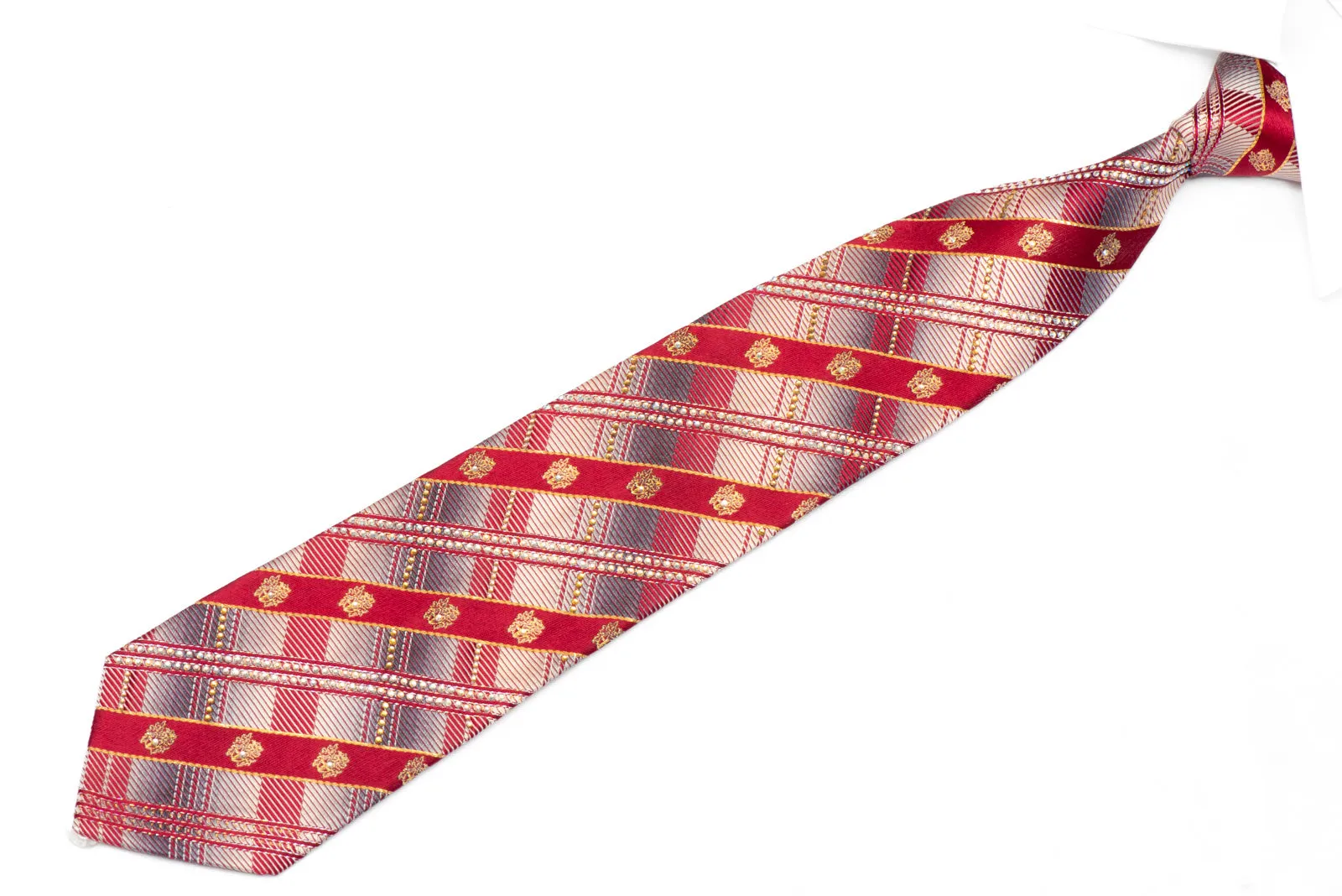 Silver Red Plaid Design Rhinestone Silk Necktie With Gold Sparkles