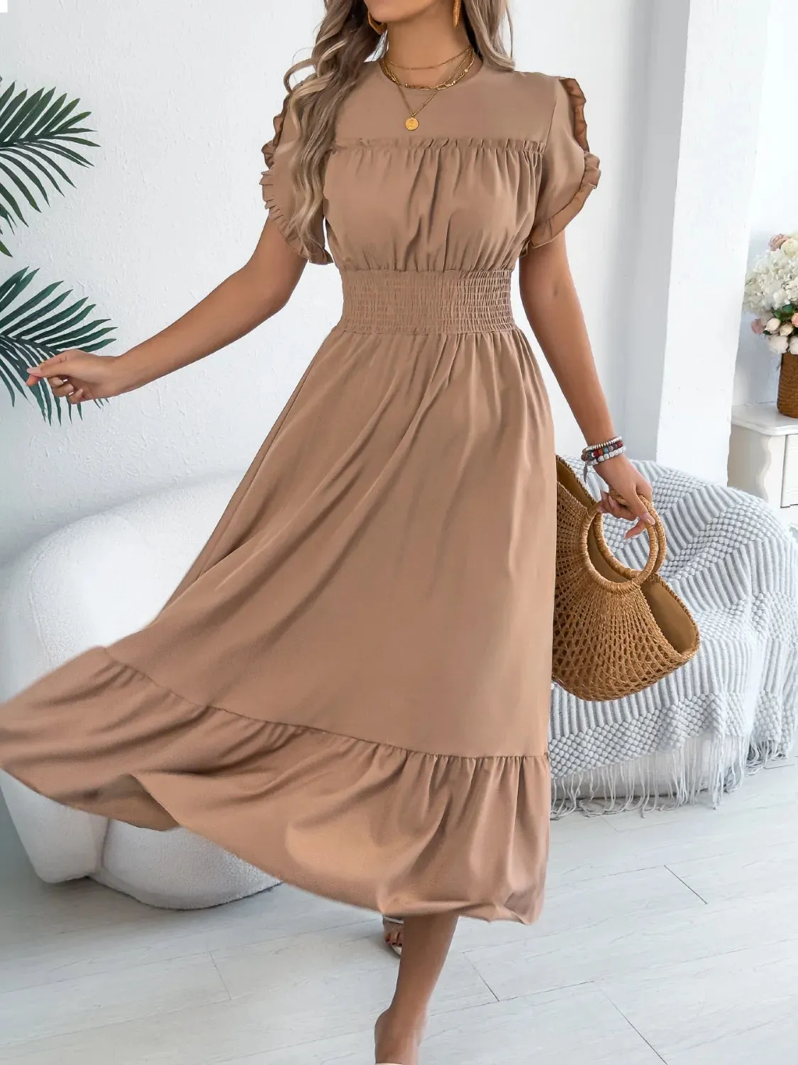 Smocked Frill Round Neck Midi Dress