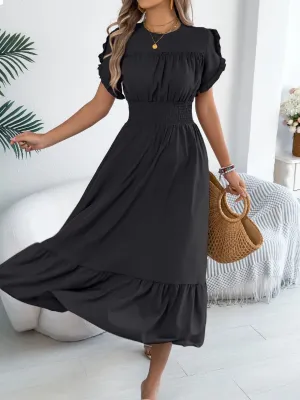 Smocked Frill Round Neck Midi Dress