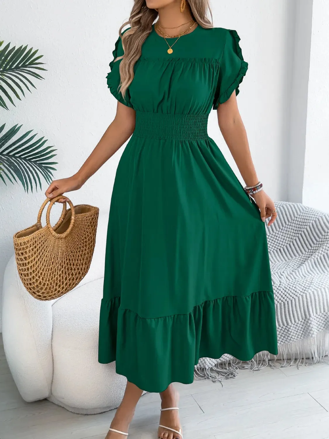 Smocked Frill Round Neck Midi Dress