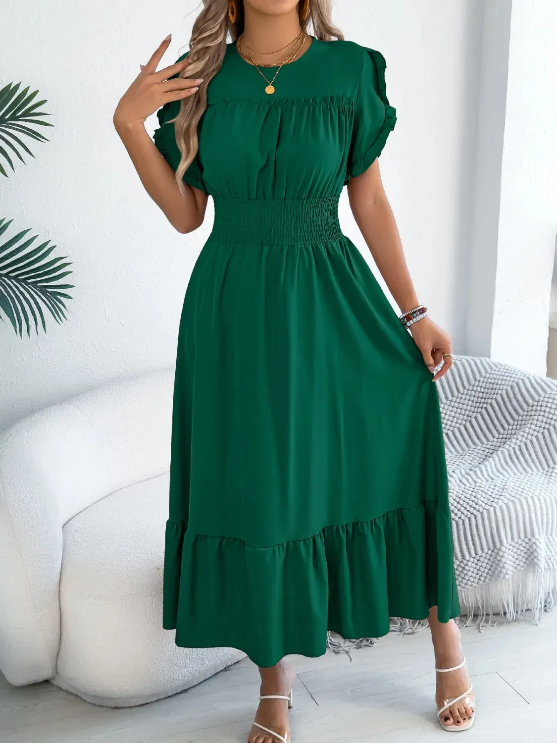 Smocked Frill Round Neck Midi Dress