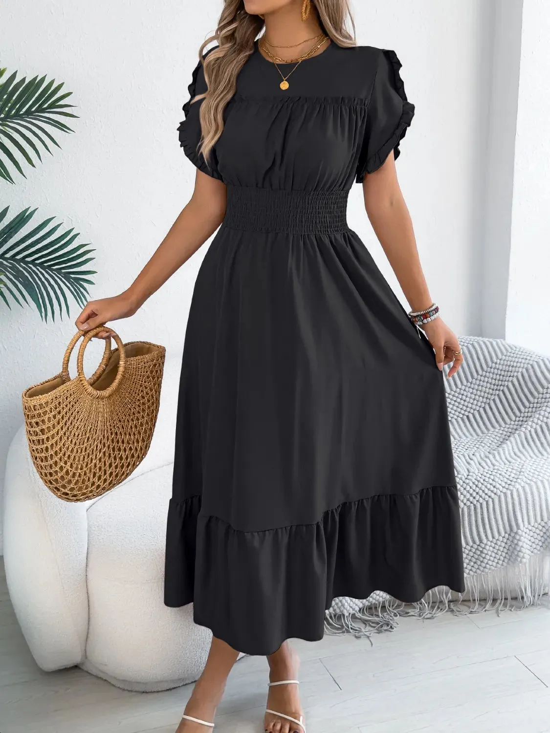 Smocked Frill Round Neck Midi Dress