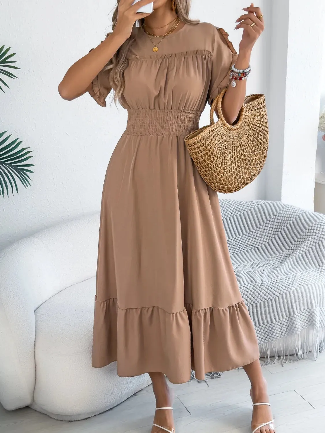 Smocked Frill Round Neck Midi Dress