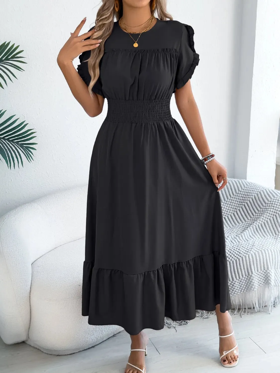Smocked Frill Round Neck Midi Dress