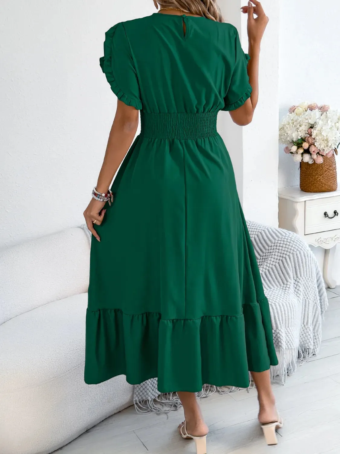 Smocked Frill Round Neck Midi Dress