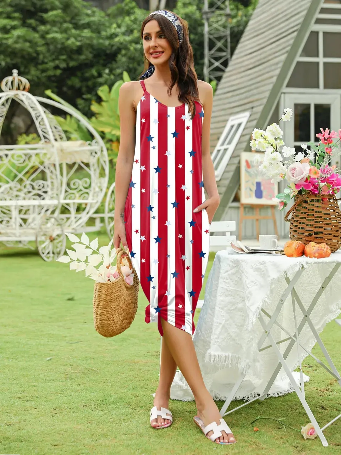 Striped & Star Scoop Neck Midi Cami Dress