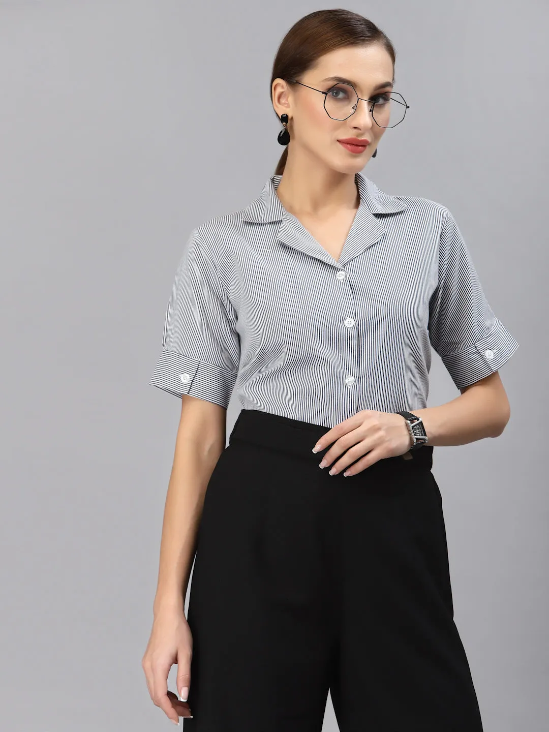 Style Quotient Women Navy Blue Smart Striped Formal Shirt