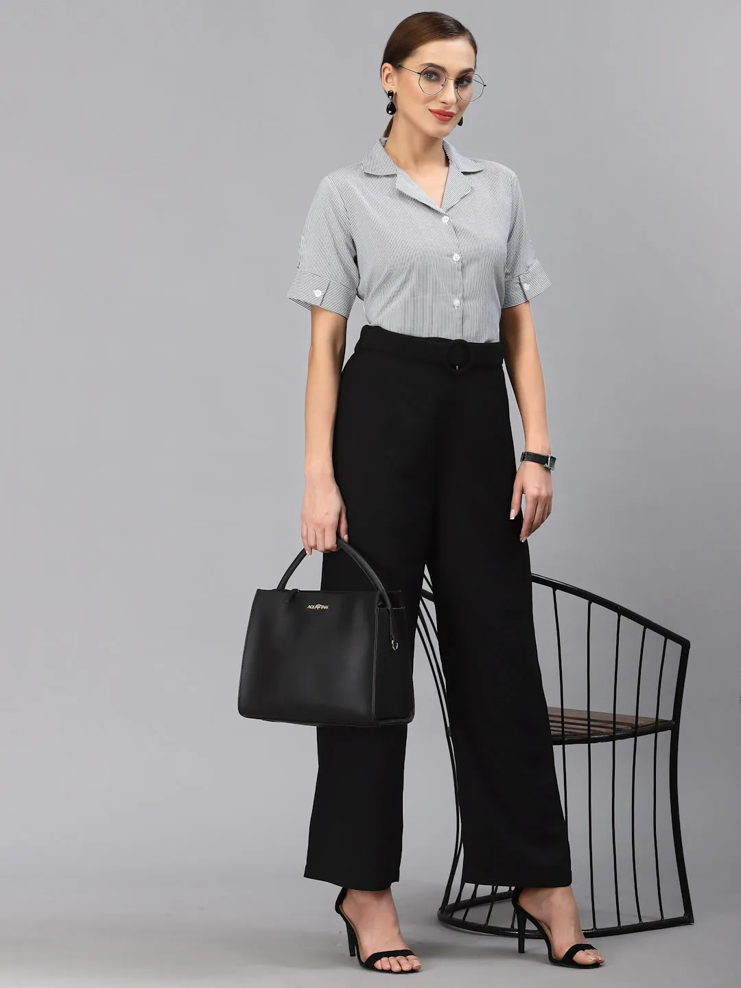 Style Quotient Women Navy Blue Smart Striped Formal Shirt