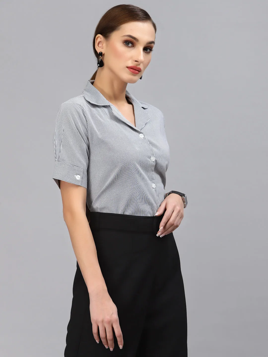 Style Quotient Women Navy Blue Smart Striped Formal Shirt