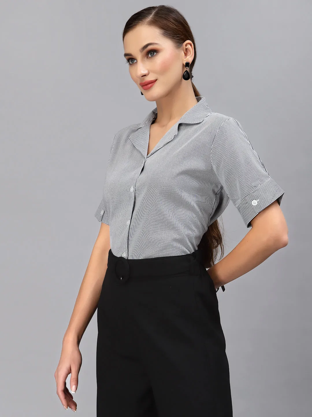 Style Quotient Women Navy Blue Smart Striped Formal Shirt