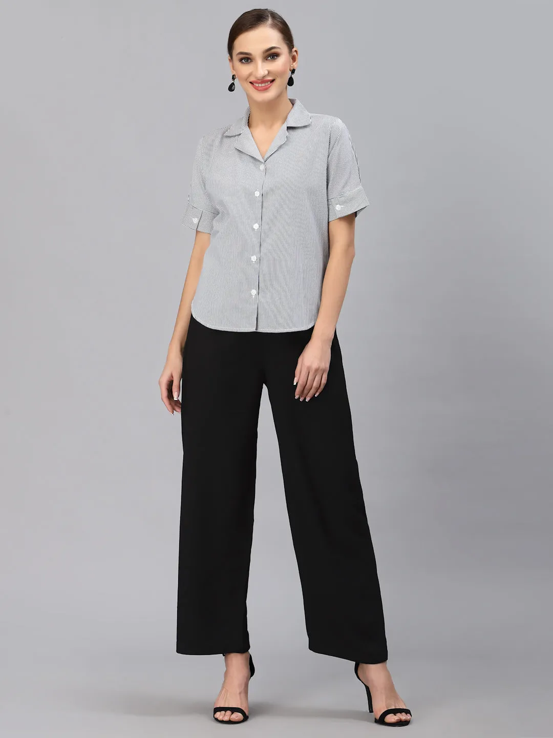 Style Quotient Women Navy Blue Smart Striped Formal Shirt
