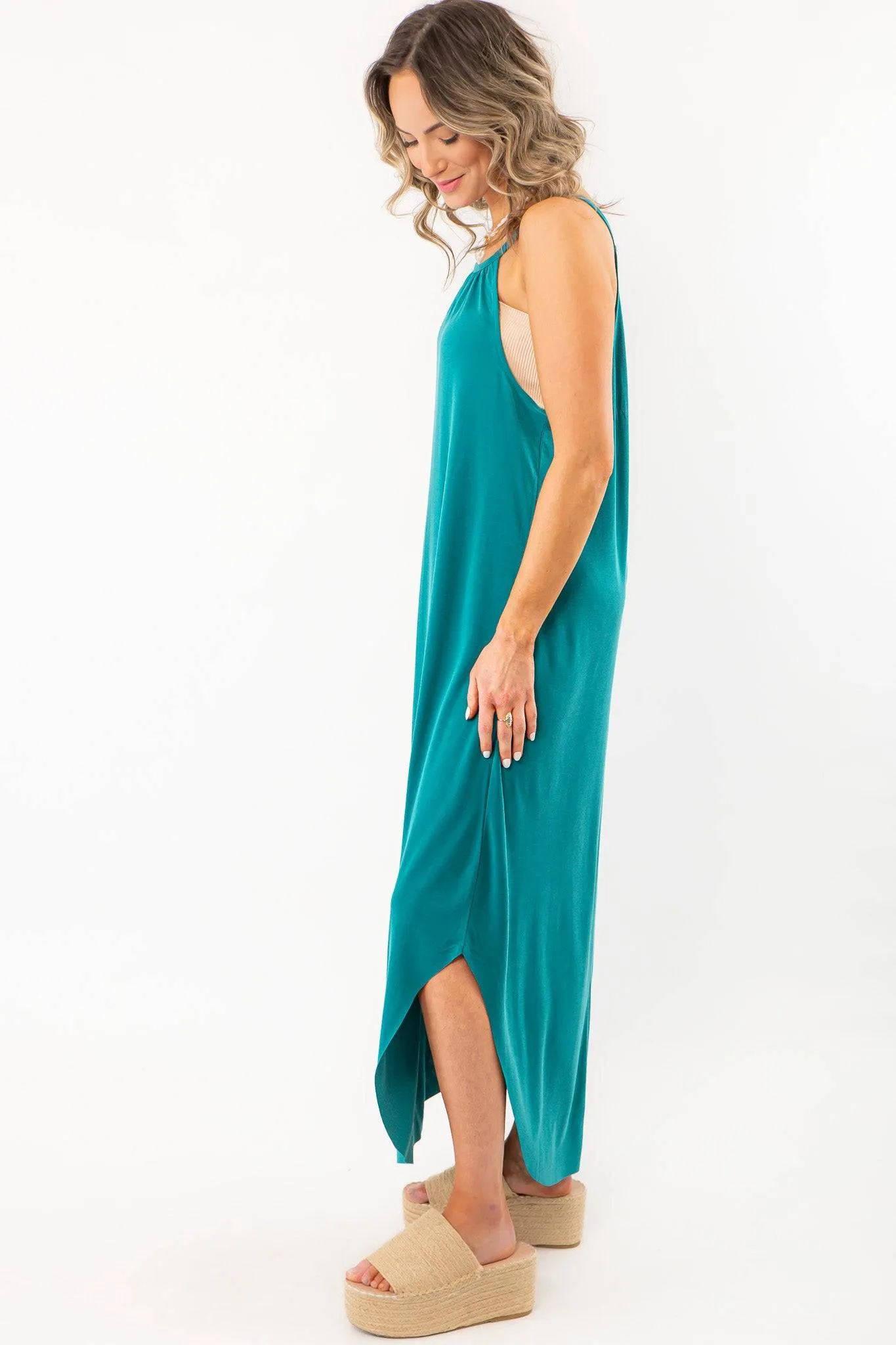 Sunny All Day Teal Halter Neck Midi Dress