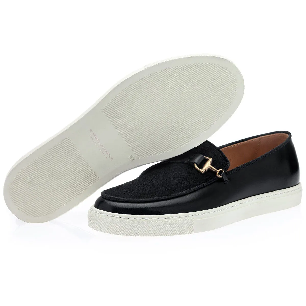 SUPERGLAMOUROUS Tangerine 12 Cordovan Men's Shoes Black Polished Calf-Skin / Suede Leather Belgian Skate Sneakers (SPGM1281)