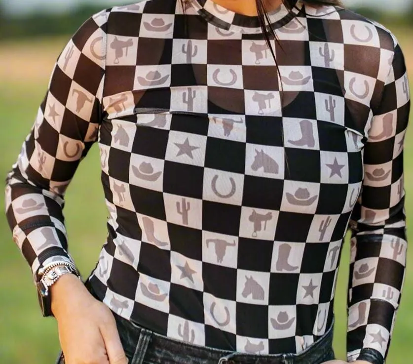 Western MOTIF Shirt | SHEER Checkerboard Top | Layering Top | BODYCON | Cowgirl Shirt