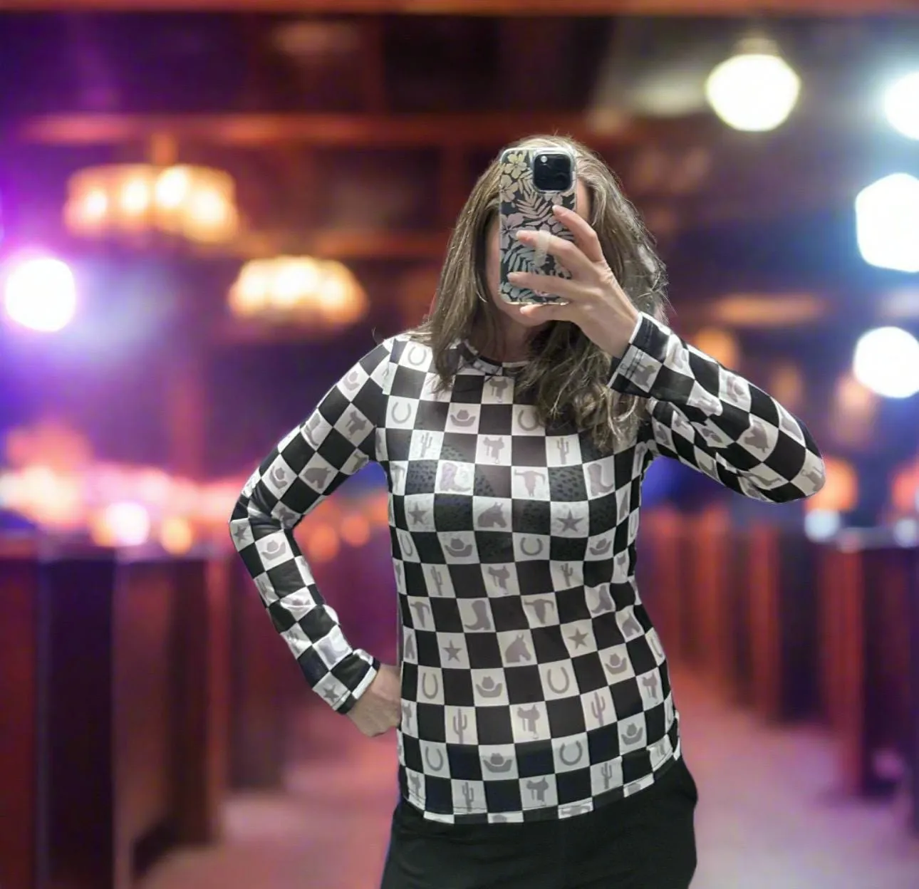 Western MOTIF Shirt | SHEER Checkerboard Top | Layering Top | BODYCON | Cowgirl Shirt