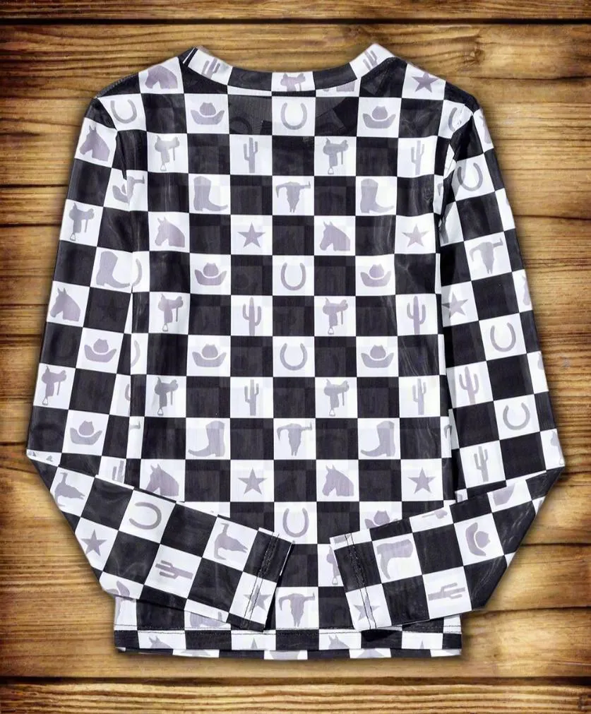 Western MOTIF Shirt | SHEER Checkerboard Top | Layering Top | BODYCON | Cowgirl Shirt