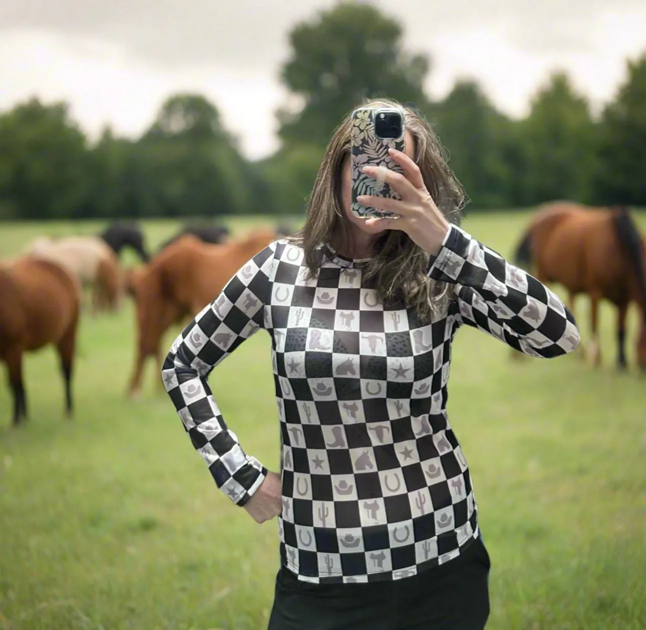 Western MOTIF Shirt | SHEER Checkerboard Top | Layering Top | BODYCON | Cowgirl Shirt