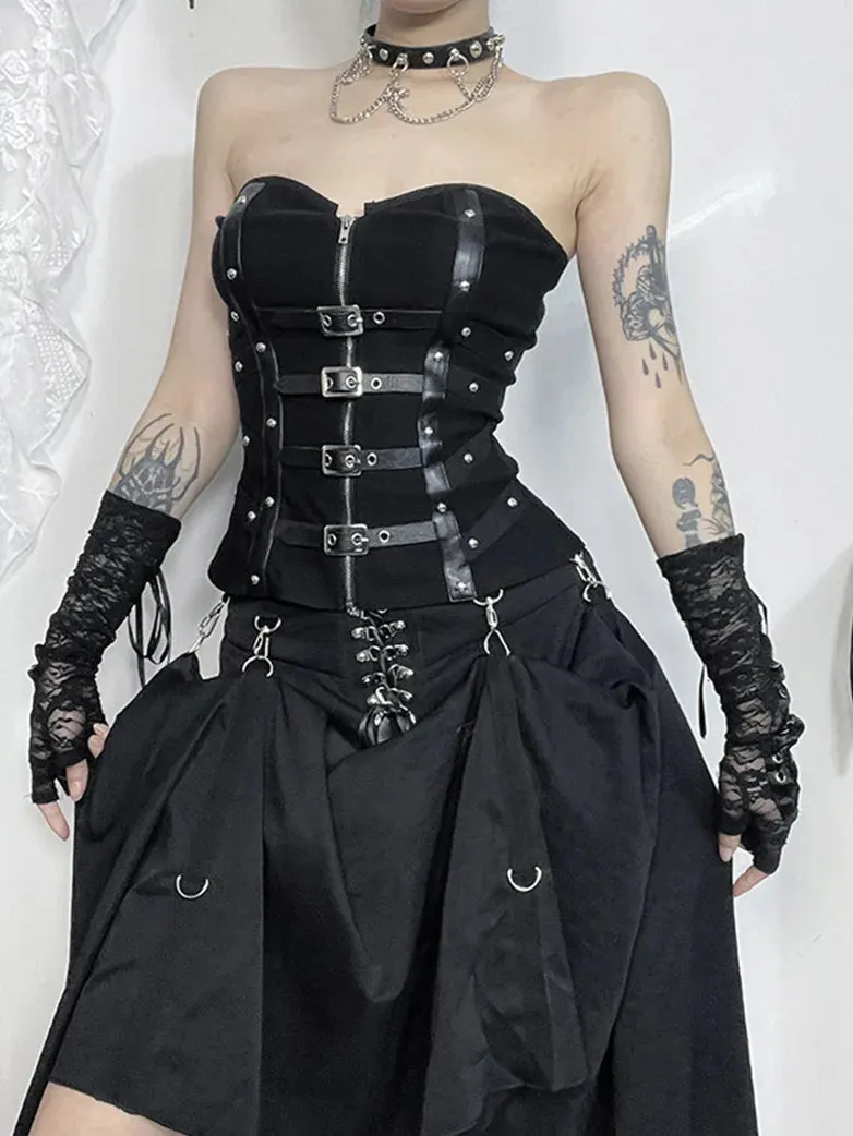 Women Punk Sexy Boned Tube Top Leather Button Vest