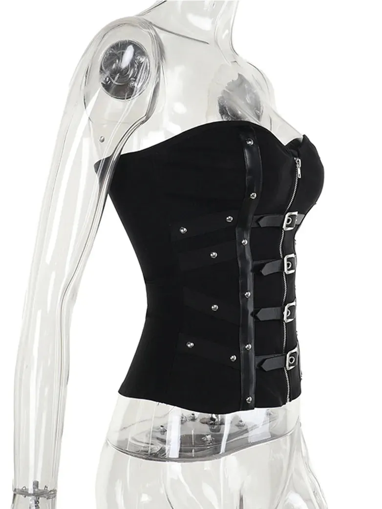 Women Punk Sexy Boned Tube Top Leather Button Vest