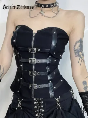 Women Punk Sexy Boned Tube Top Leather Button Vest