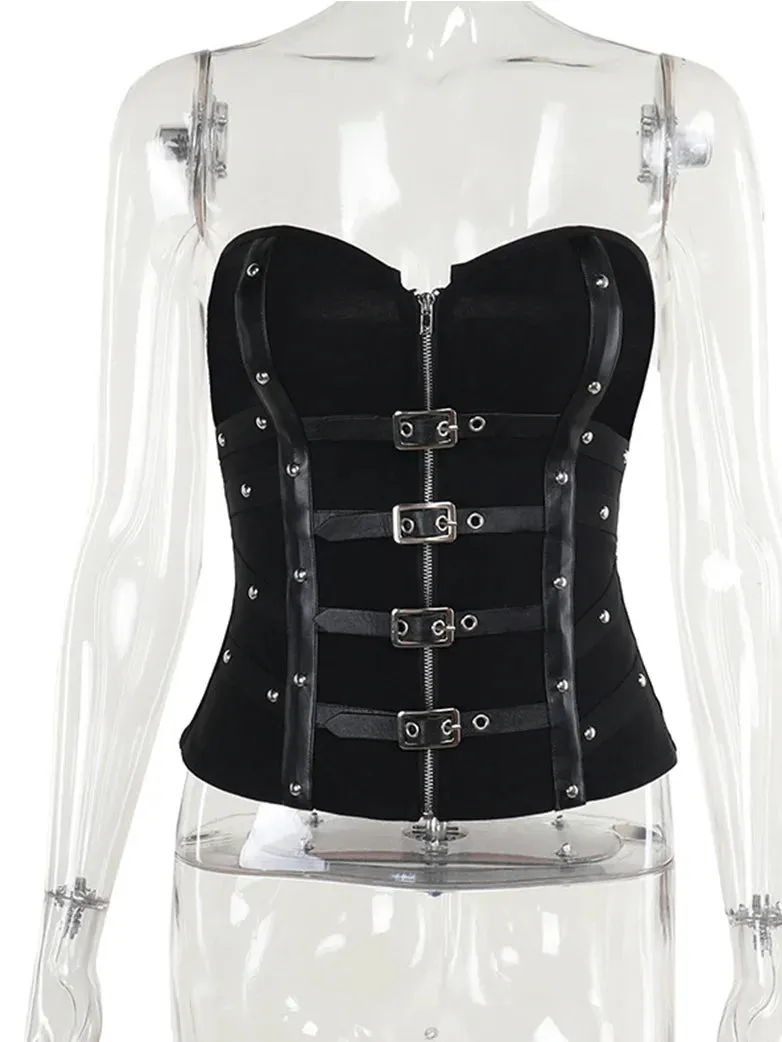 Women Punk Sexy Boned Tube Top Leather Button Vest
