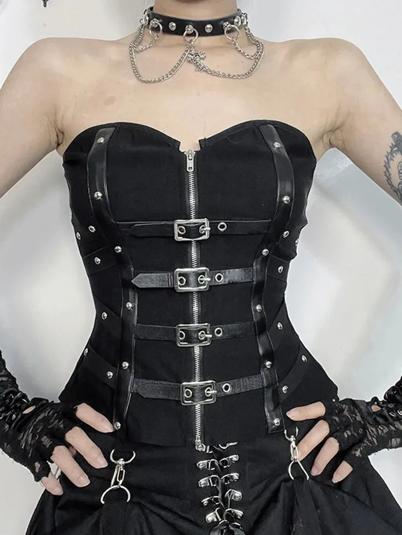 Women Punk Sexy Boned Tube Top Leather Button Vest